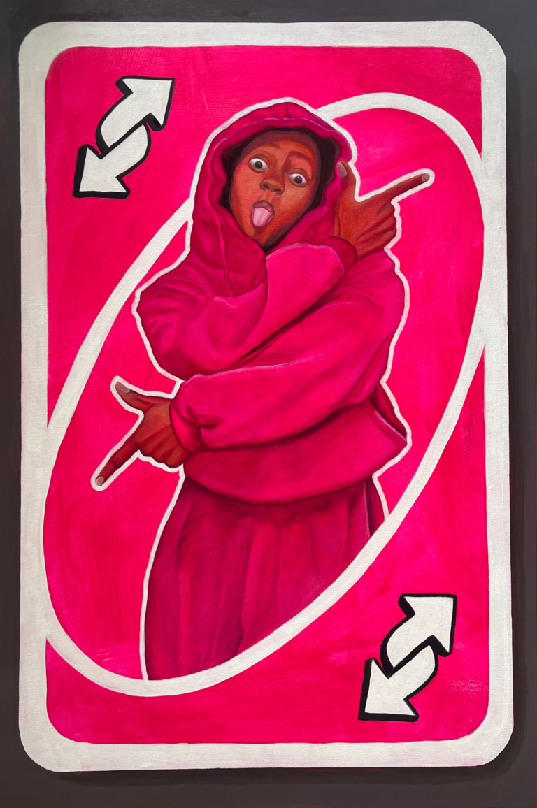 pink uno reverse oil painting